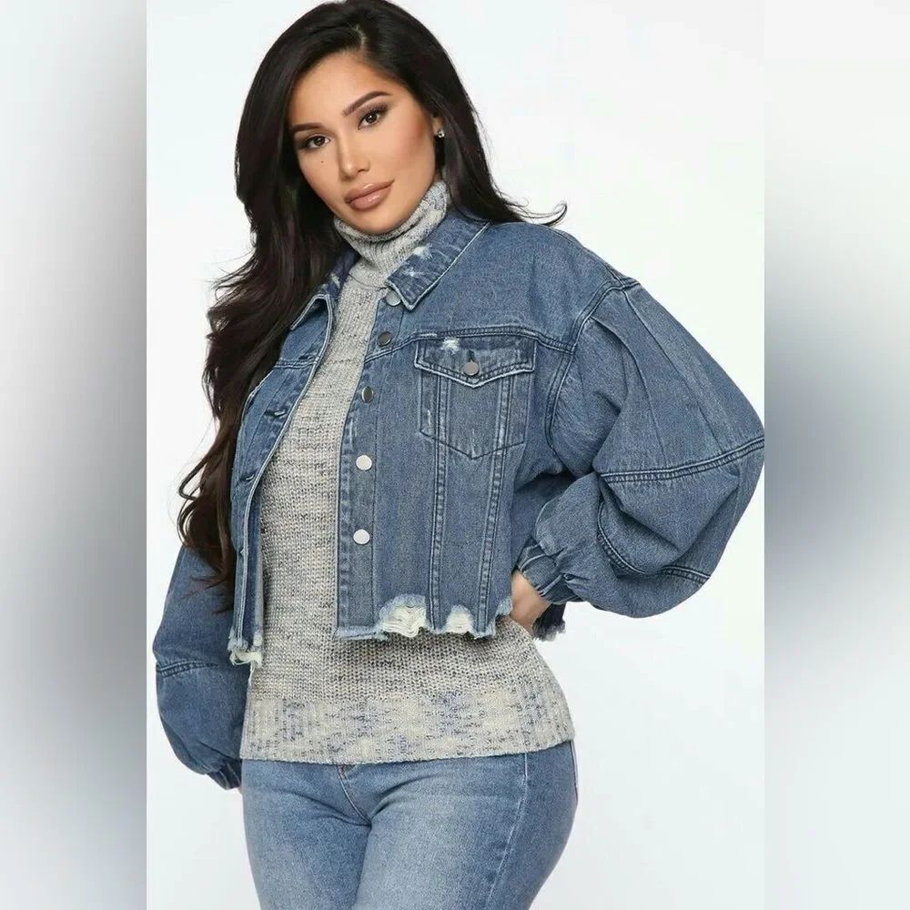 Cropped Denim Jacket Balloon Sleeve Sz M